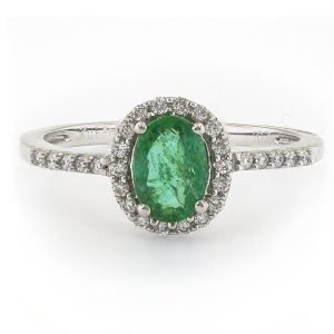 Classic Halo Diamond Engagement Ring  with Oval Emerald